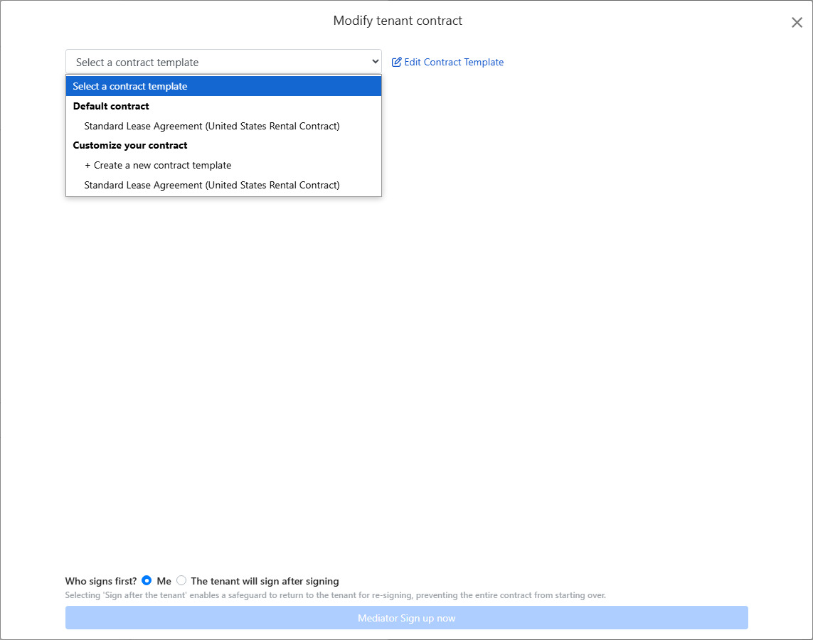 Select Contract Template: Default and Custom