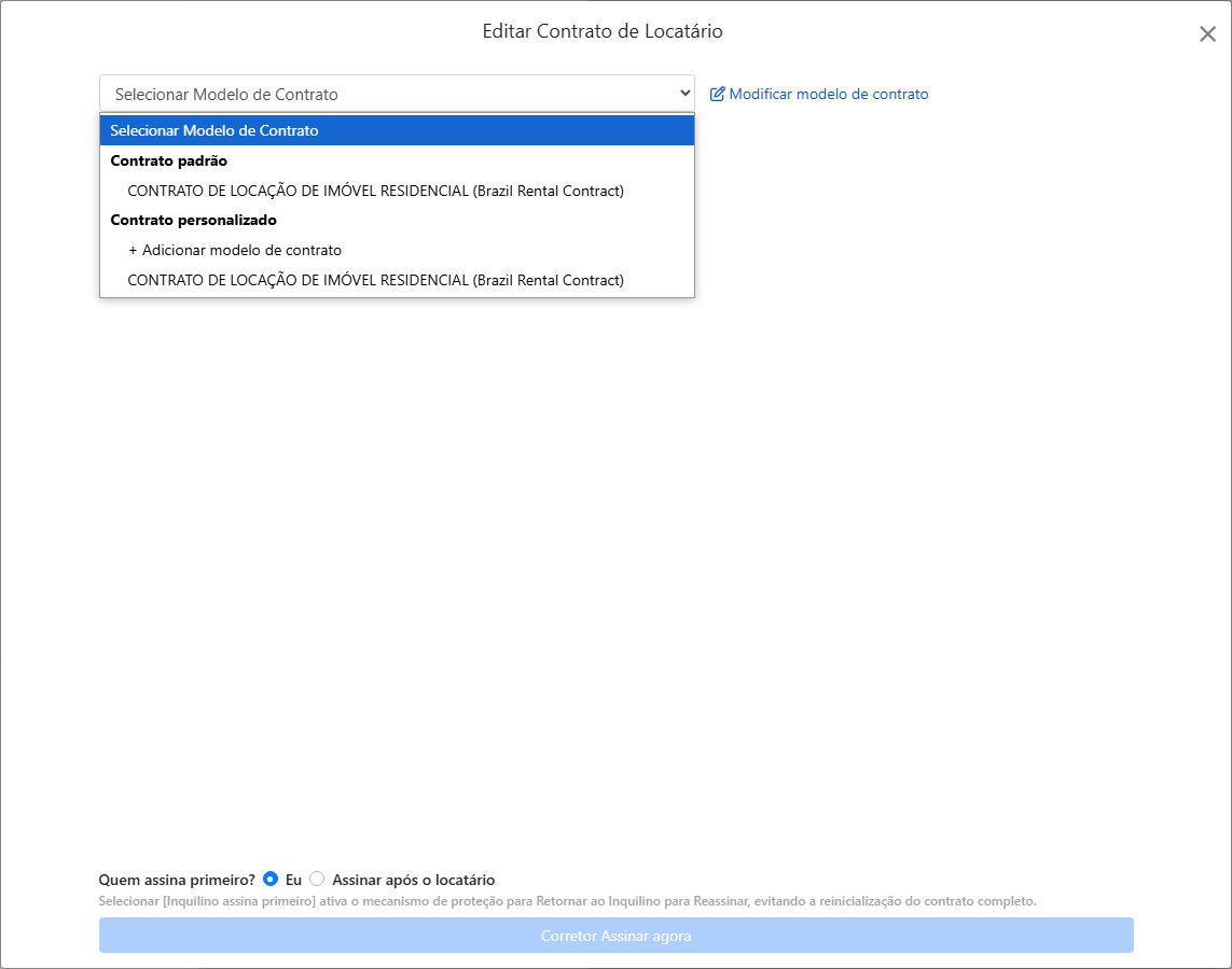 Selecionar modelo de contrato: modelo padrão e personalizado