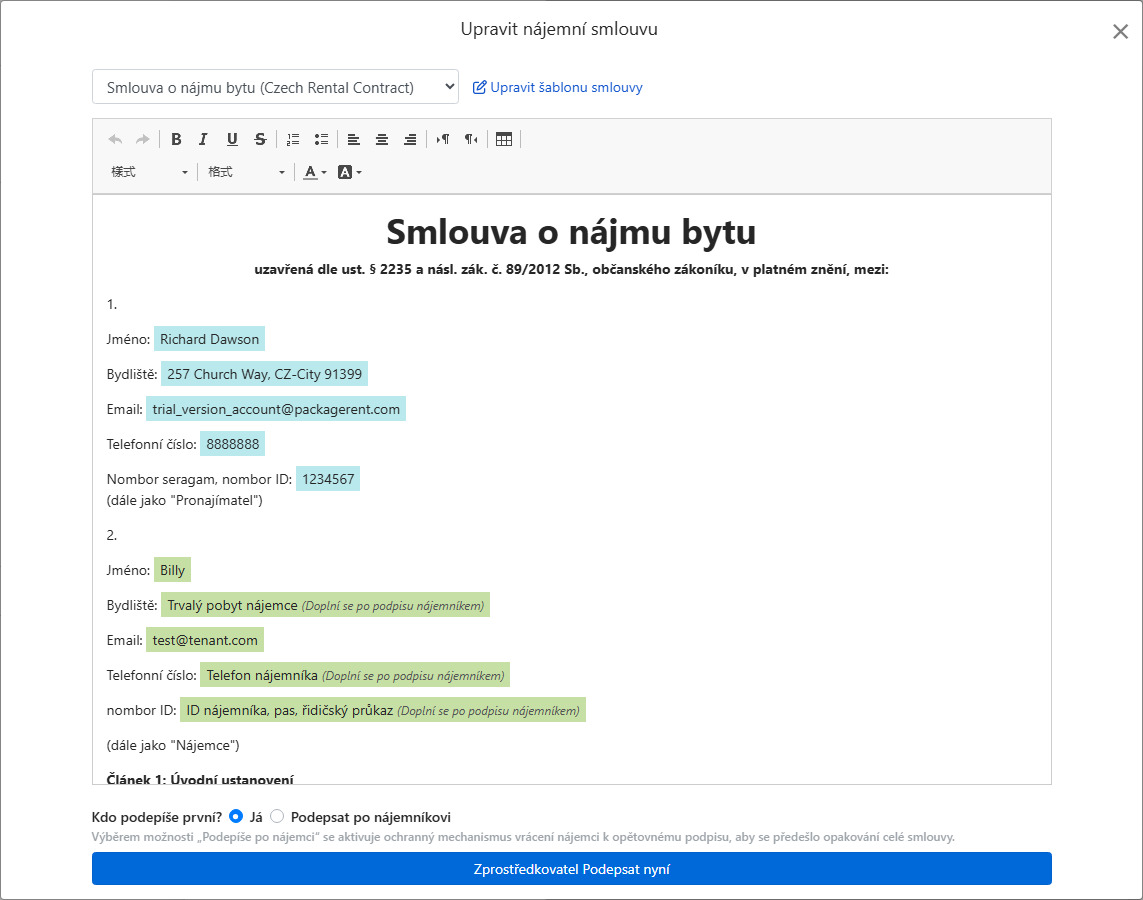 Šablona smlouvy automaticky vyplní údaje o smlouvě a podpisová pole