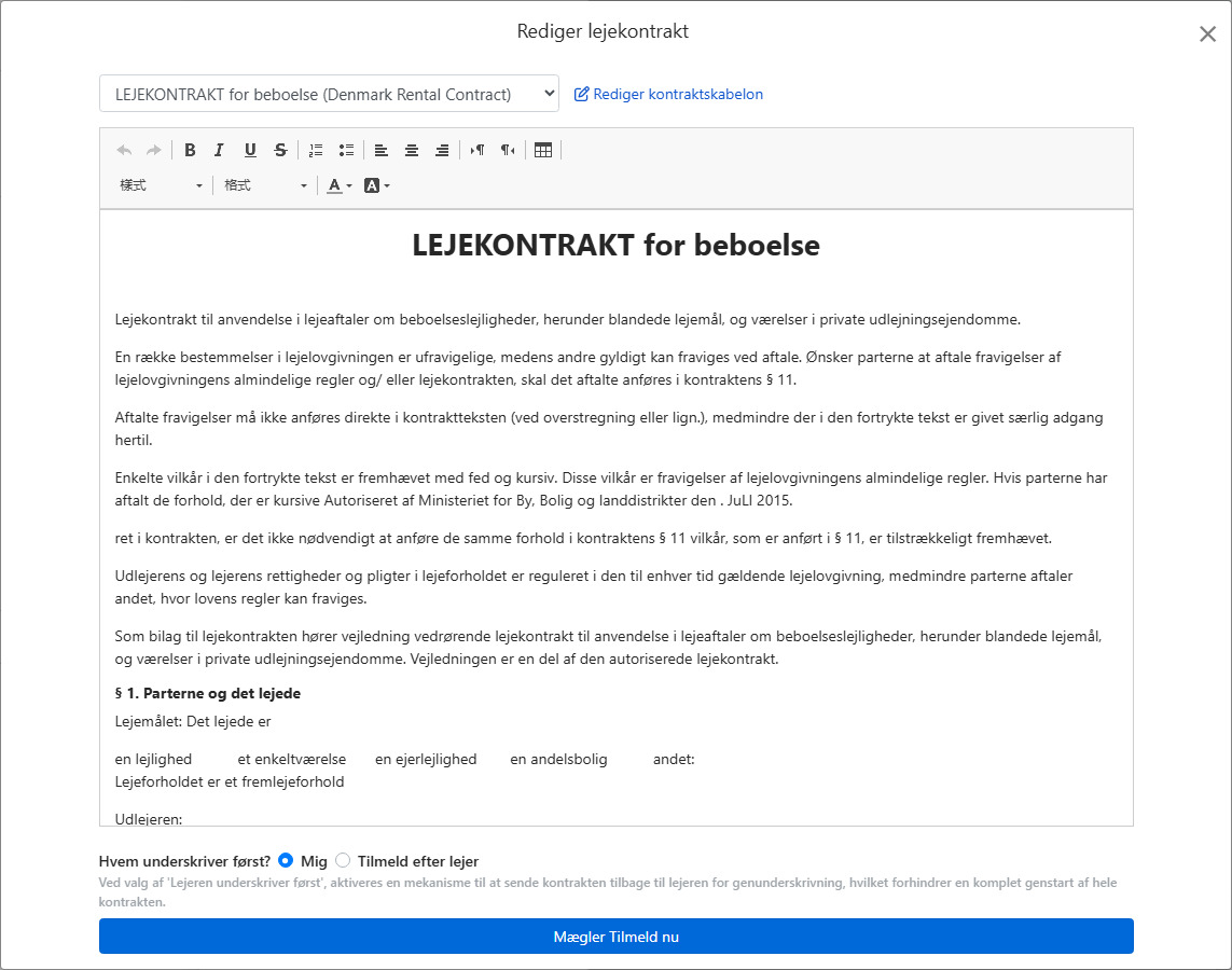 Kontraktskabelonen integrerer automatisk lejeoplysninger og underskriftsfelter