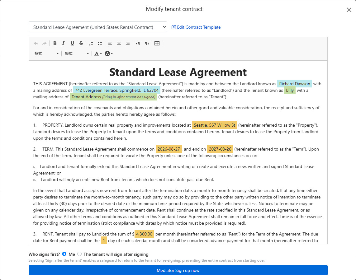 Contract template auto-fills lease data and signature fields