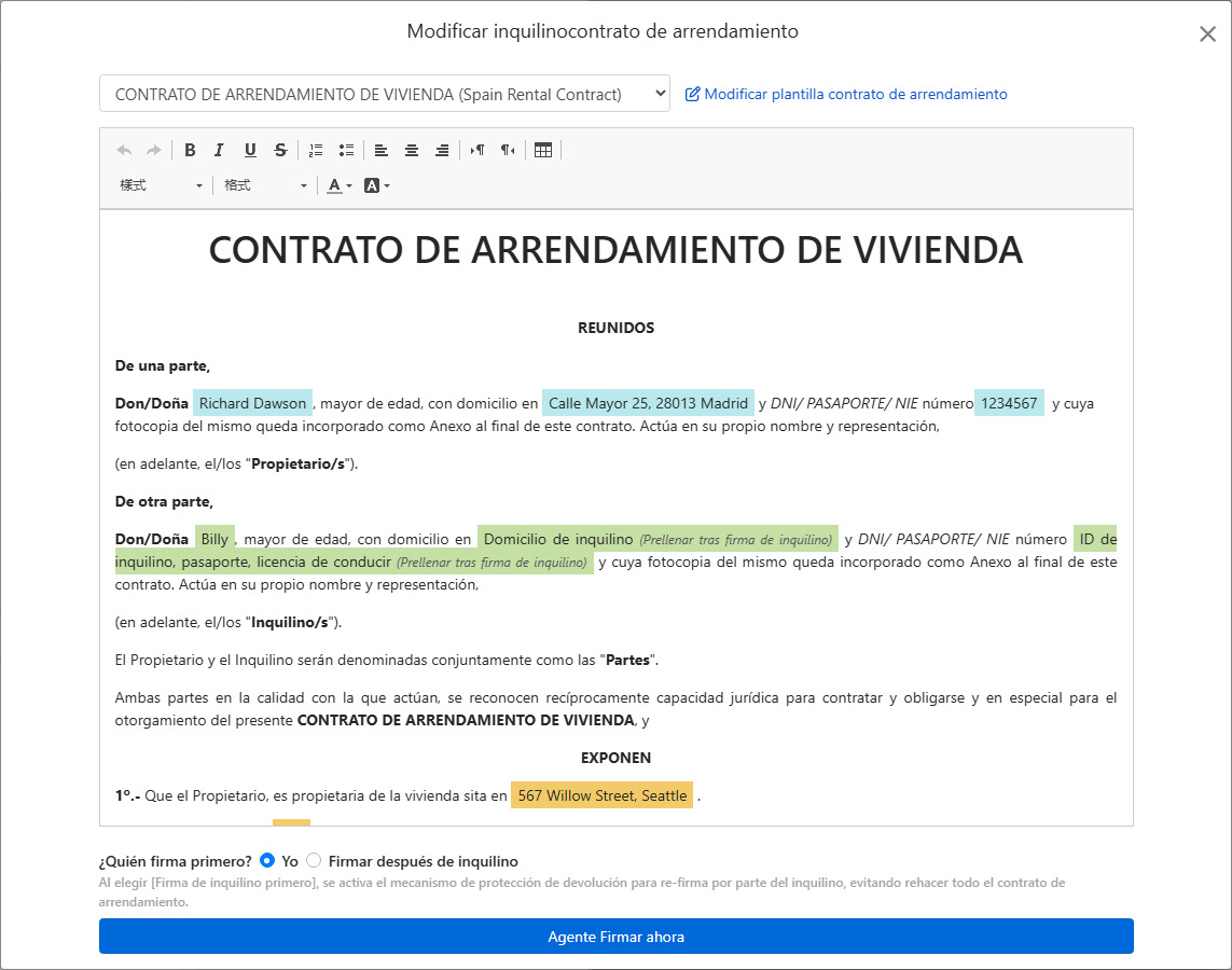 La plantilla de contrato llena automáticamente los datos del arrendamiento y los campos de firma