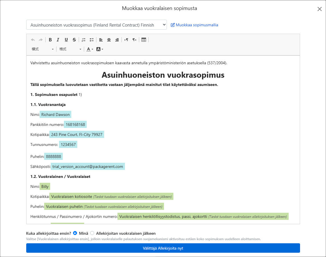Sopimuspohja täyttää vuokrasopimustiedot ja allekirjoituskohdat automaattisesti