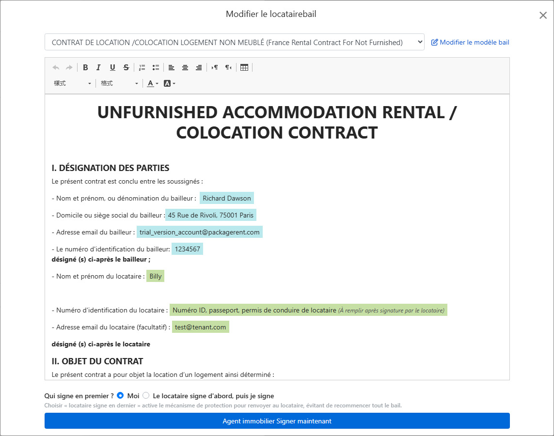 Le modèle de contrat intègre automatiquement les données de location et les champs de signature