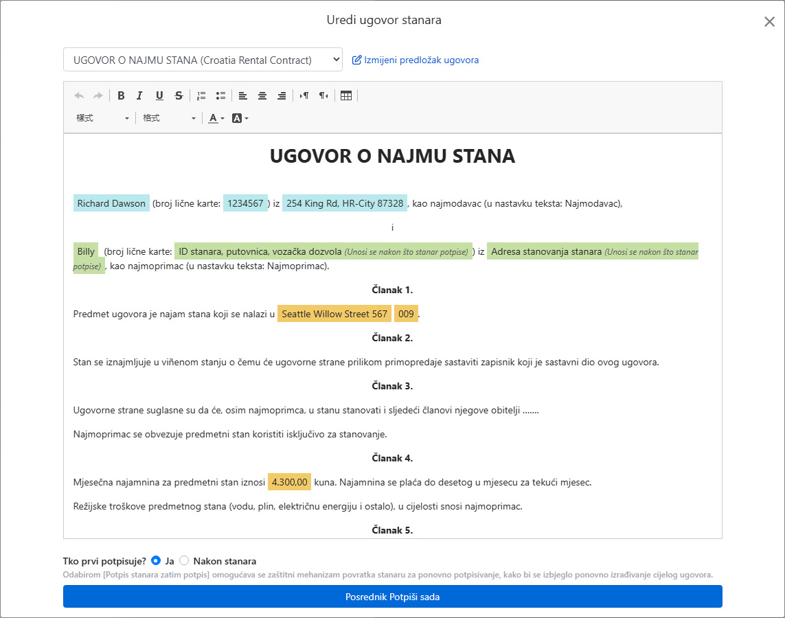 Predložak ugovora automatski popunjava podatke o najmu i polja za potpis