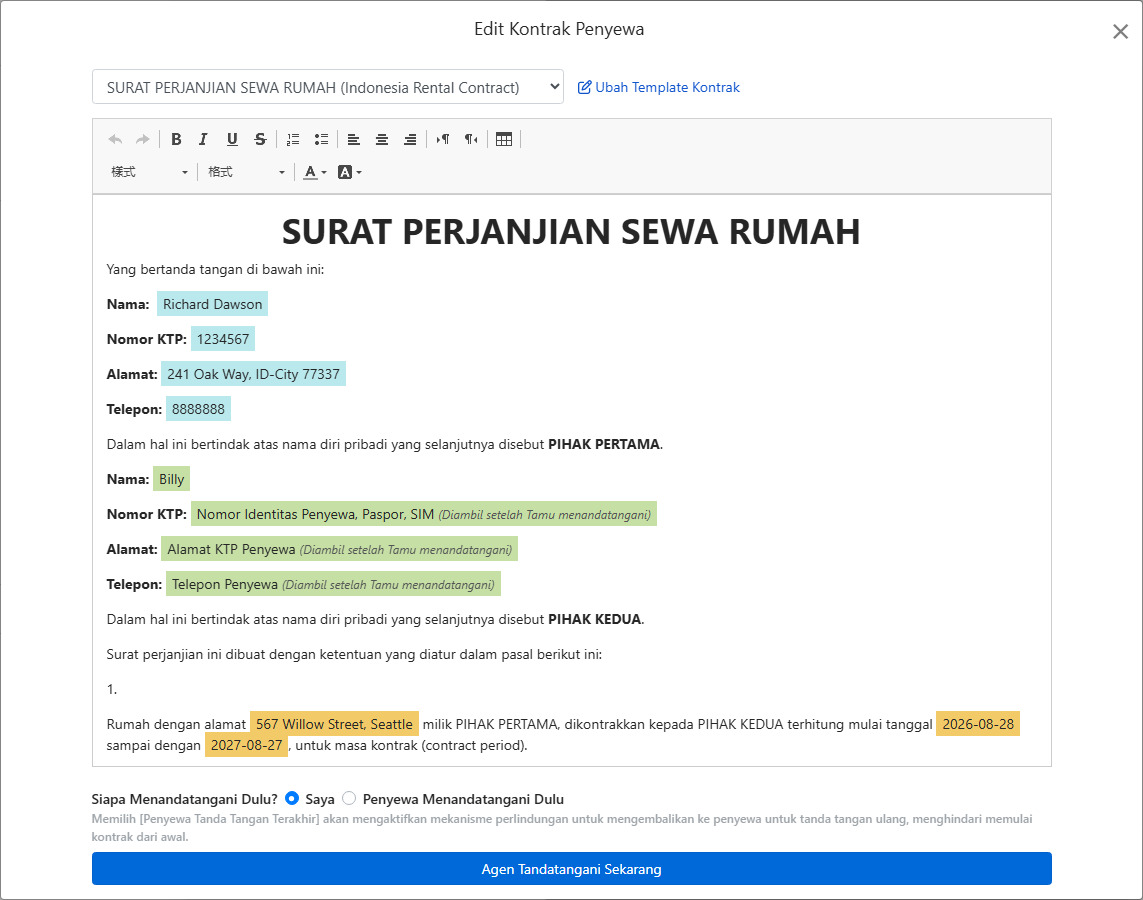 Template kontrak otomatis mengisi data sewa dan kolom tanda tangan