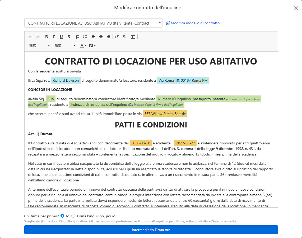 Il modello di contratto inserisce automaticamente i dati del contratto e i campi firma