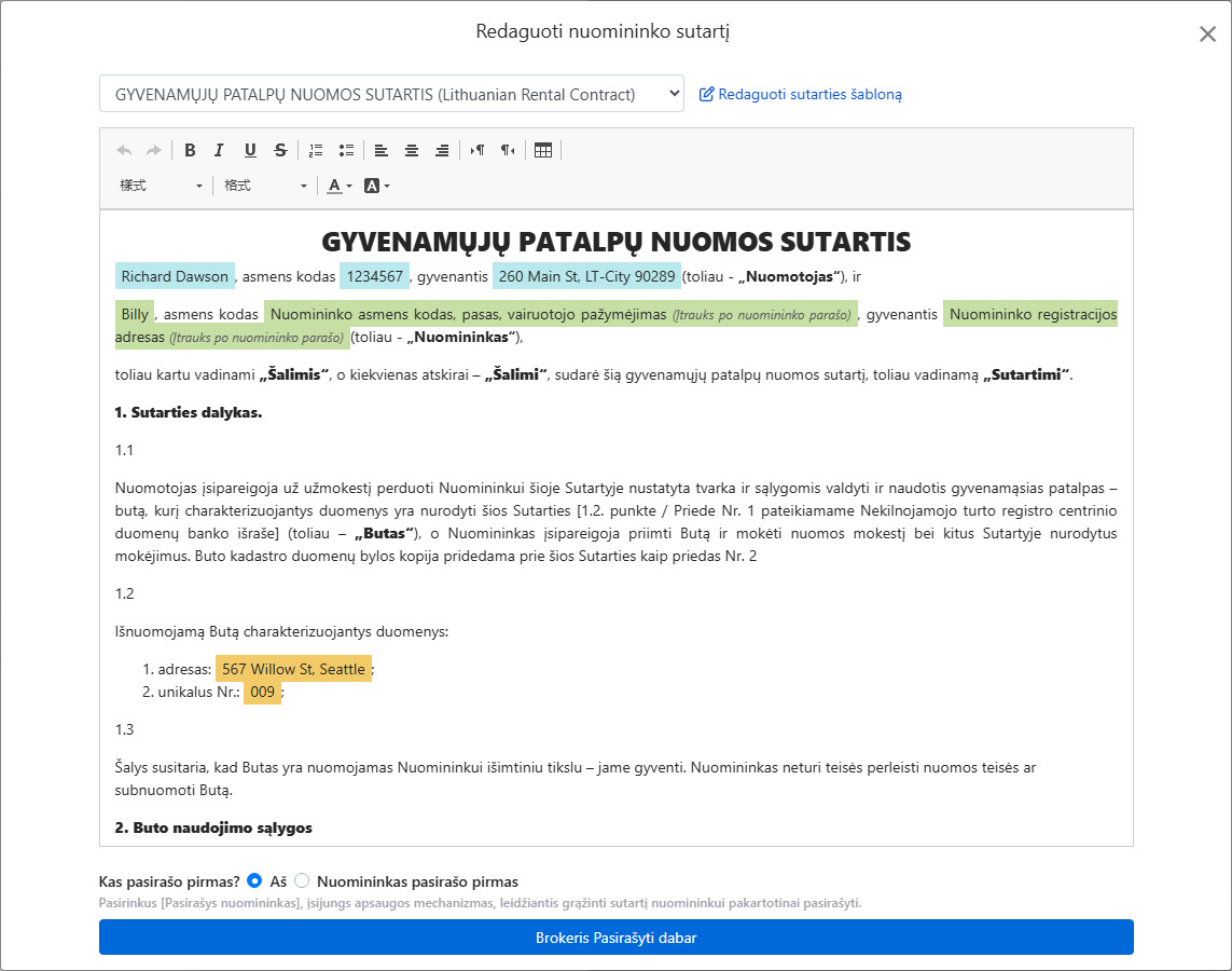Sutarties šablonas automatiškai užpildomas nuomos duomenimis ir parašo laukeliais
