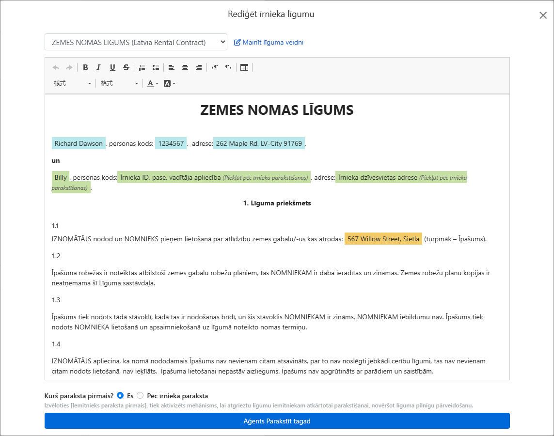 Līguma veidne automātiski aizpilda īres datus un paraksta lauku