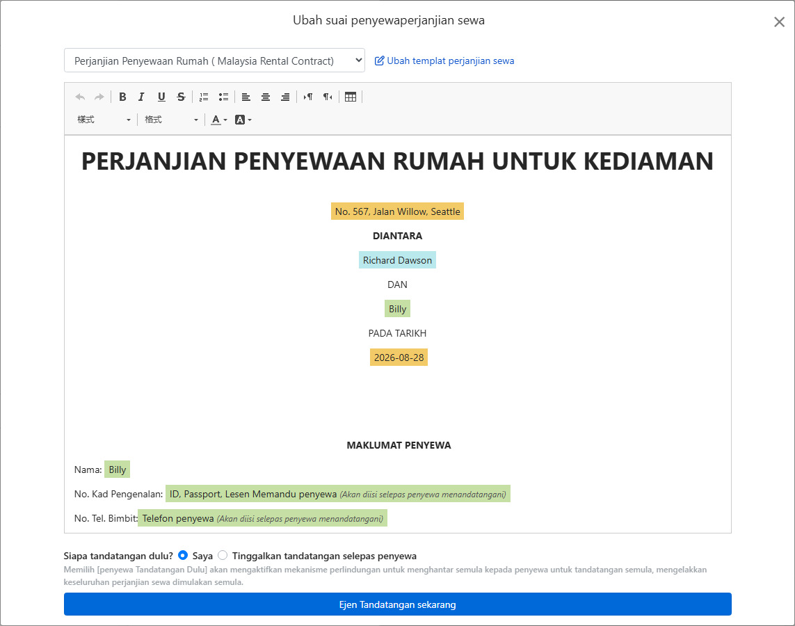 Templat perjanjian memasukkan data sewa dan ruangan tandatangan secara automatik
