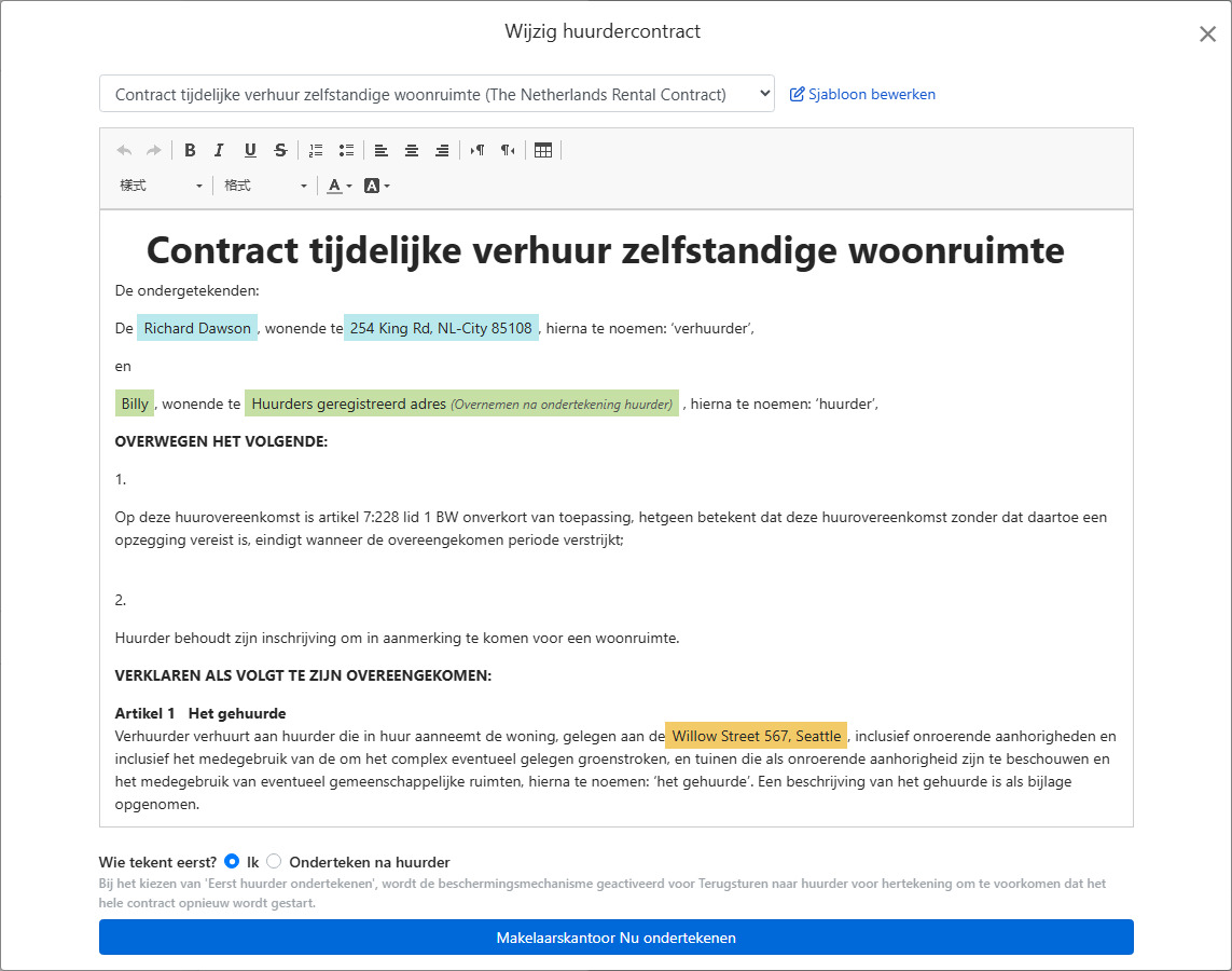 Contractsjabloon vult huurgegevens en handtekeningsvelden automatisch in