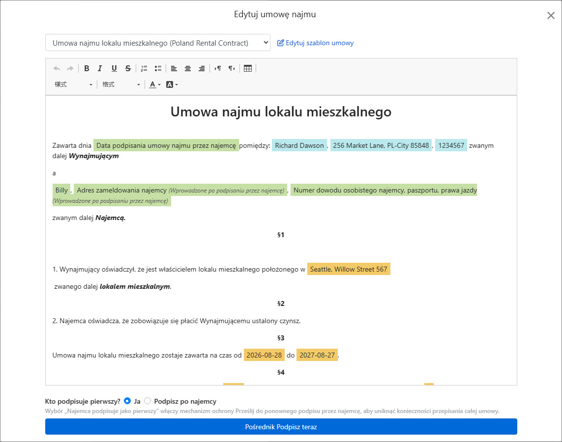 Szablon umowy automatycznie uzupełnia dane najmu i pola podpisu