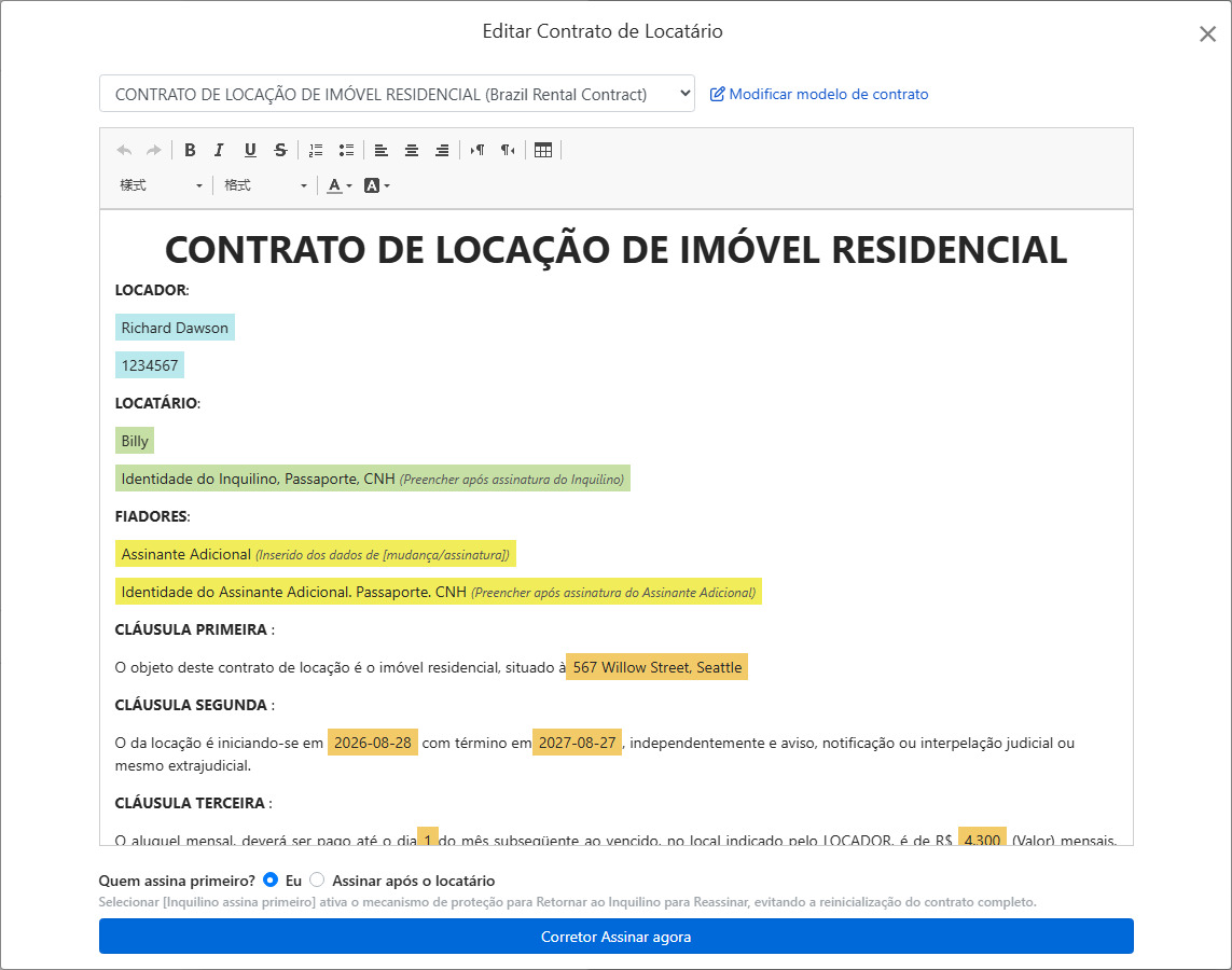 Modelo de contrato insere automaticamente detalhes de locação e campos de assinatura