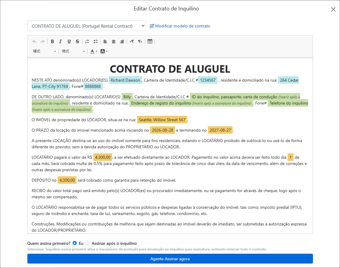 O modelo de contrato insere automaticamente dados de arrendamento e campos de assinatura