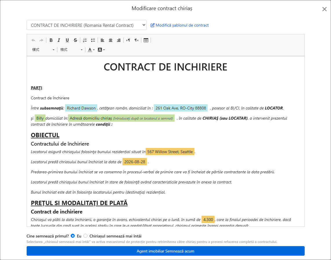 Șablonul de contract integrează automat datele de închiriere și câmpurile de semnătură