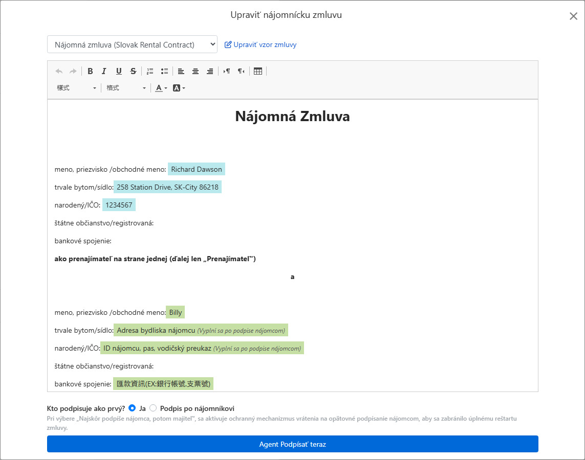 Šablóna zmluvy automaticky vyplní údaje o prenájme a podpisové polia
