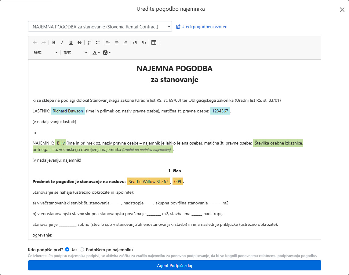 Predloga pogodbe samodejno vnese podatke o najemu in podpisna polja