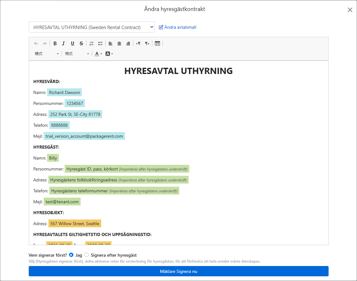 Avtalsmall fyller automatiskt i hyresdata och signaturfält
