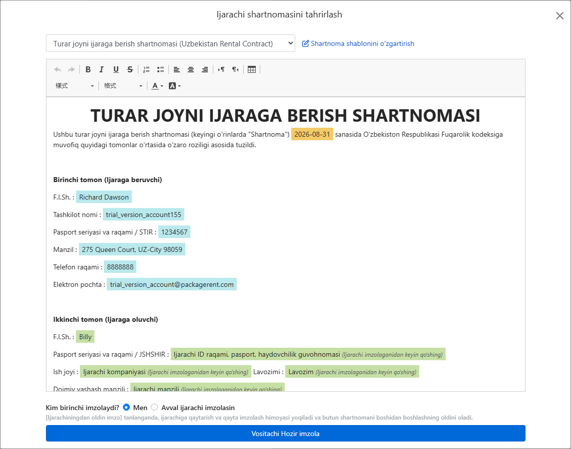 Shartnoma shabloniga ijara ma'lumotlari va imzo maydonlari avtomatik kiritiladi