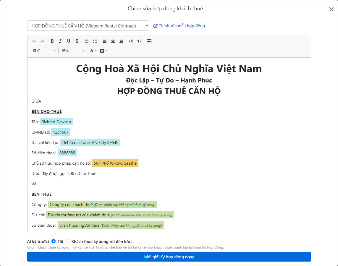 Mẫu hợp đồng tự động điền thông tin thuê và ô chữ ký