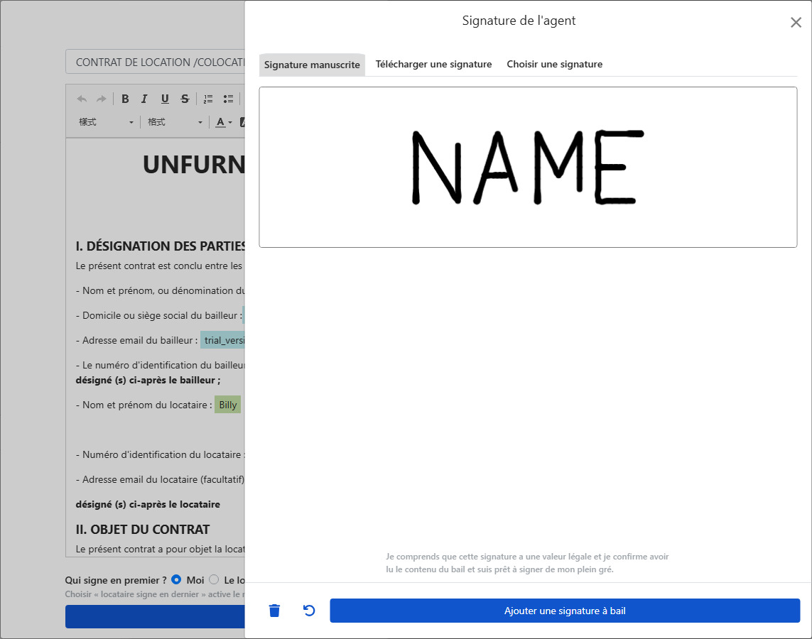 Fenêtre de signature : dessiner, télécharger ou utiliser une signature existante