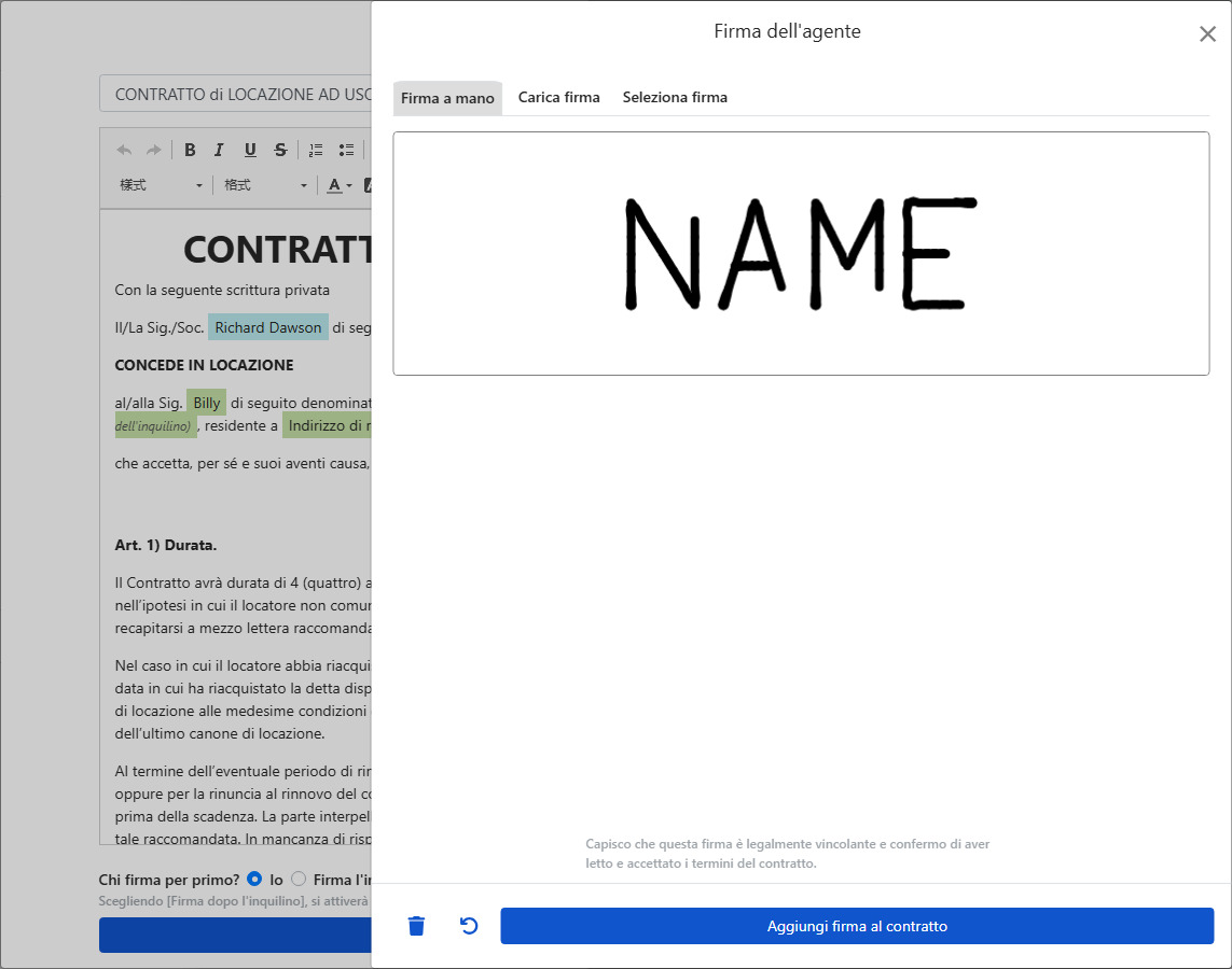 Finestra di firma: Disegna, carica o usa firma esistente