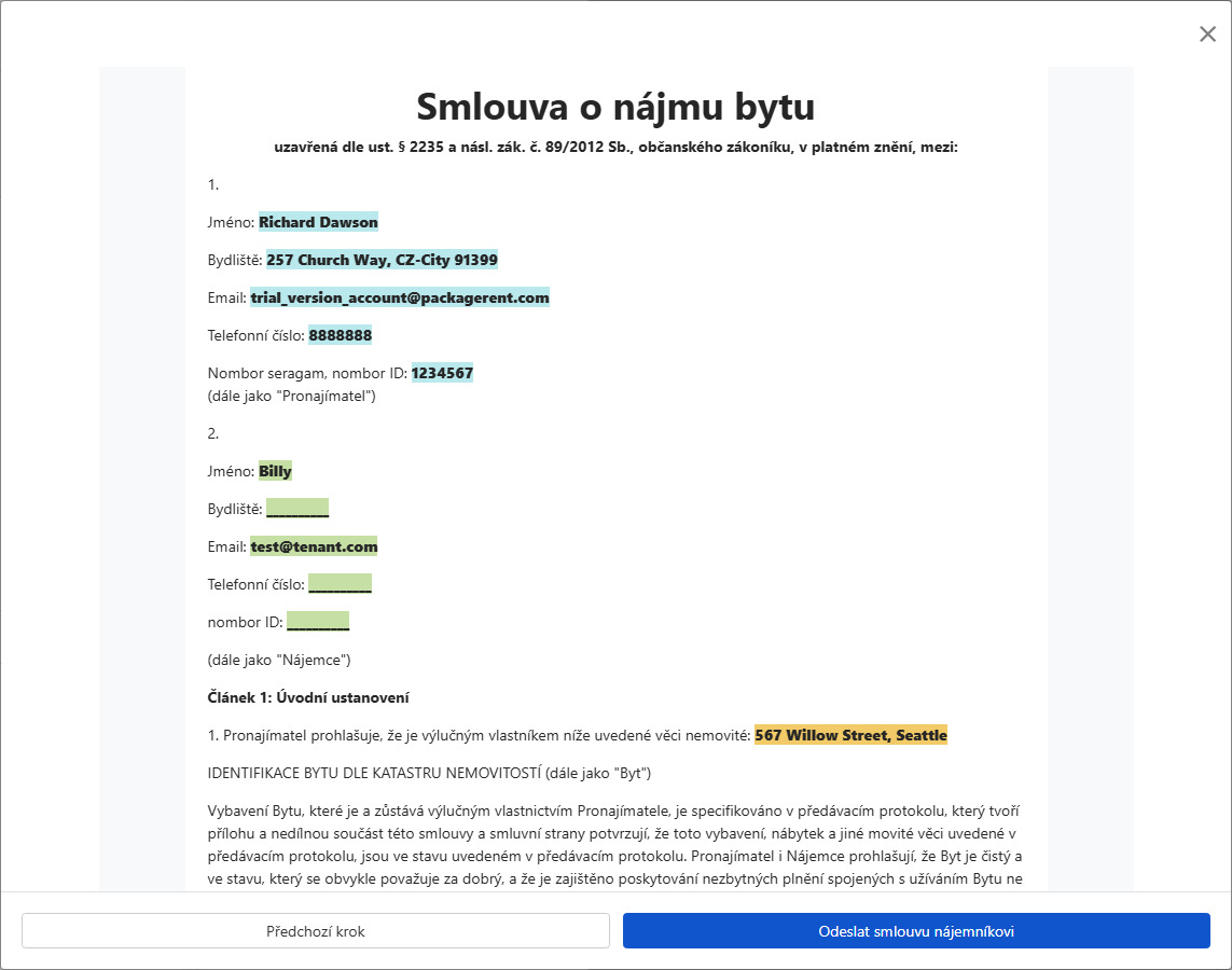Náhled smlouvy a odeslání pro podpis nájemci