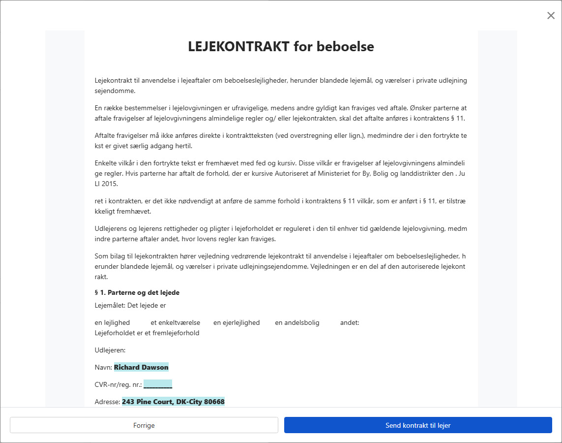 Gennemgå kontrakt og send til lejer til underskrift