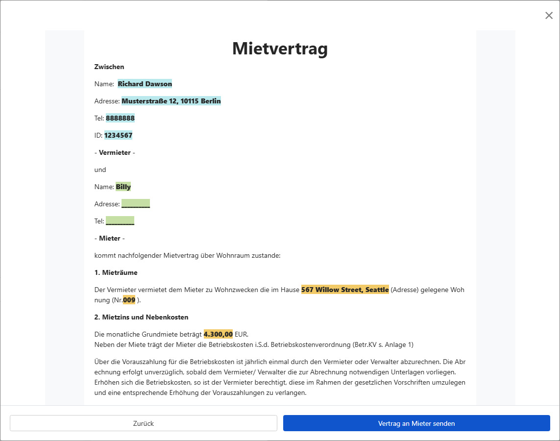 Vertrag prüfen und an Mieter zur Unterschrift senden