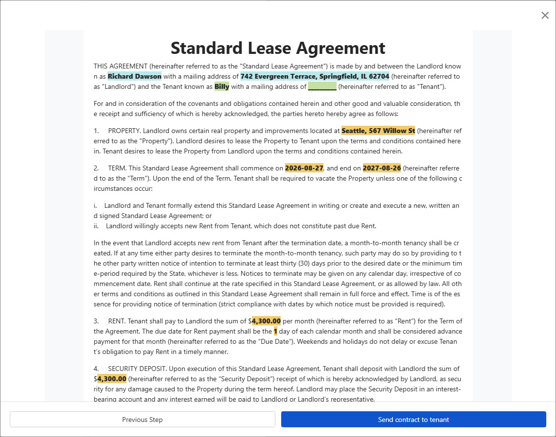 Preview and Send Contract for Tenant Signing