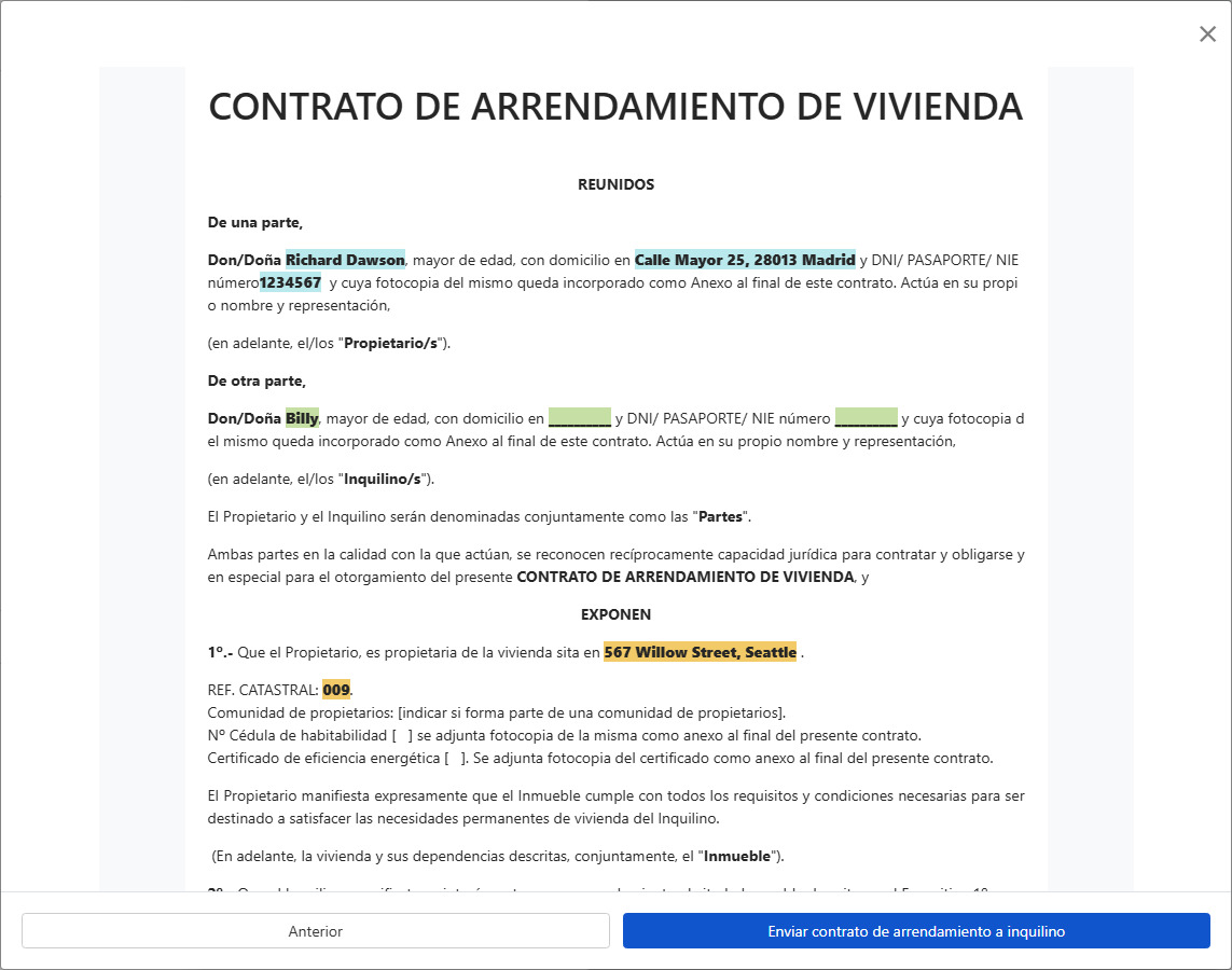 Previsualiza el contrato y envíalo al inquilino para firmar