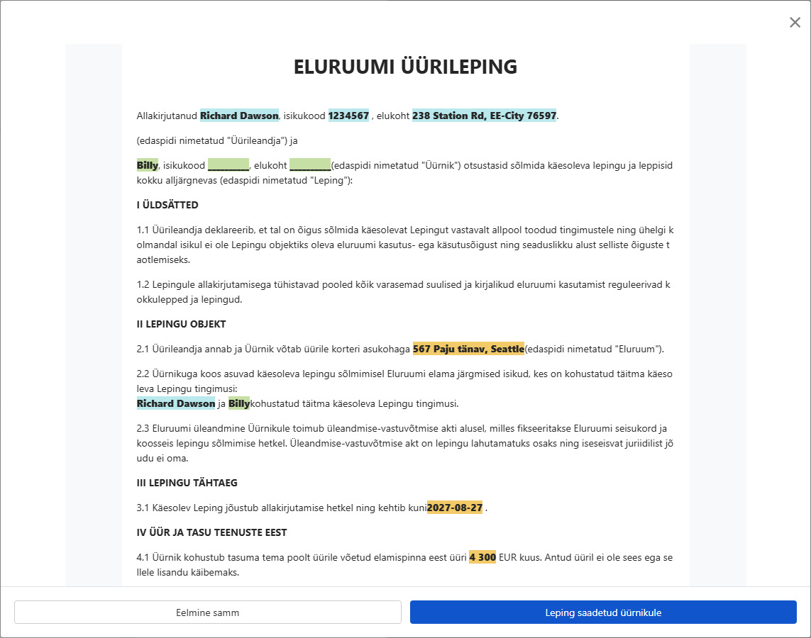Lepingu eelvaade ja saatmine üürnikule allkirjastamiseks
