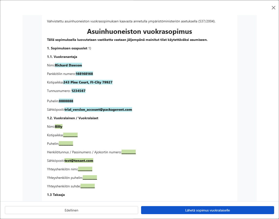 Esikatsele sopimus ja lähetä vuokralaiselle allekirjoitettavaksi