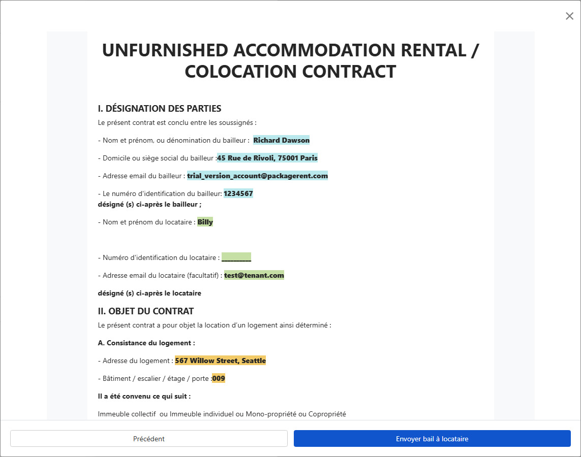 Aperçu du contrat et envoi pour signature du locataire