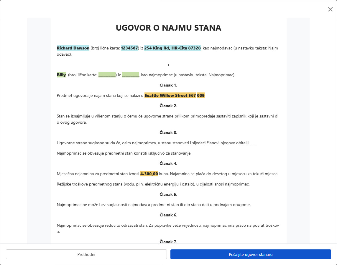 Pregledajte ugovor i pošaljite ga stanaru na potpis