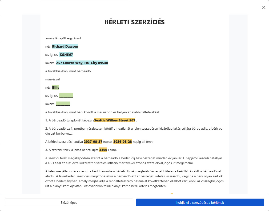 Szerződés előnézete és elküldés bérlői aláírásra