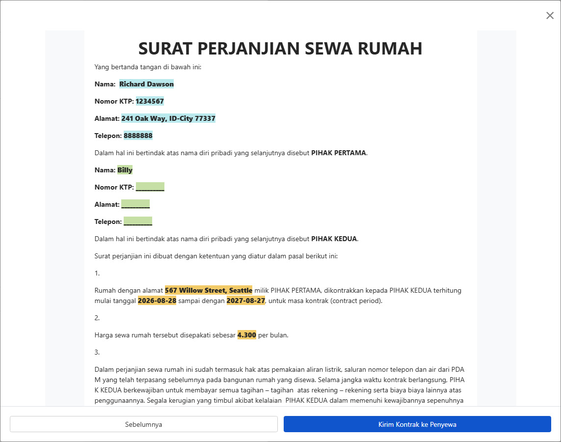 Tinjau kontrak dan kirimkan kepada penyewa untuk ditandatangani