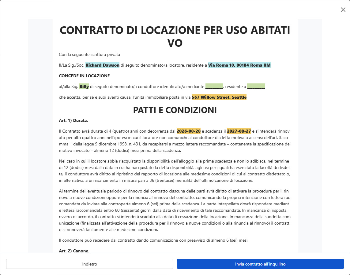Anteprima contratto ed invio all'inquilino per la firma