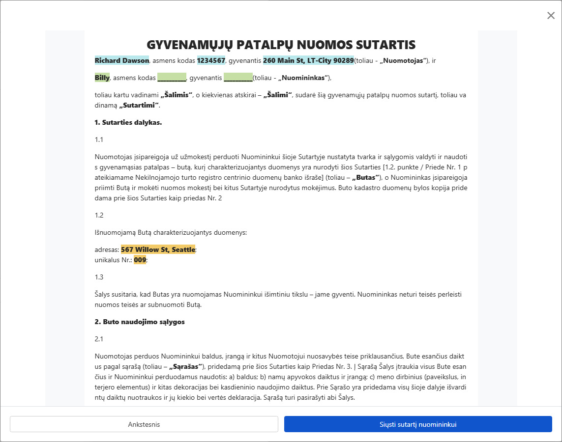 Peržiūrėti sutartį ir išsiųsti nuomininkui pasirašyti