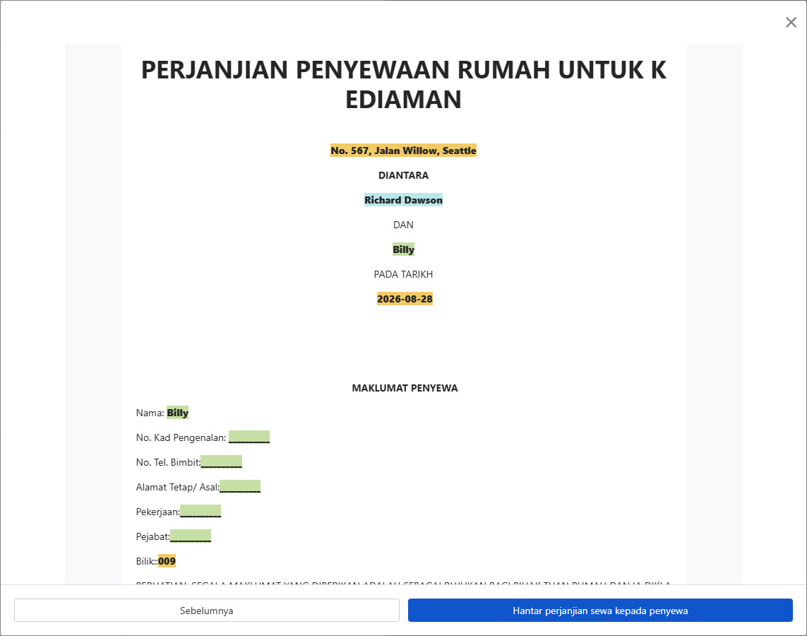 Tinjau perjanjian dan hantar kepada penyewa untuk tandatangan