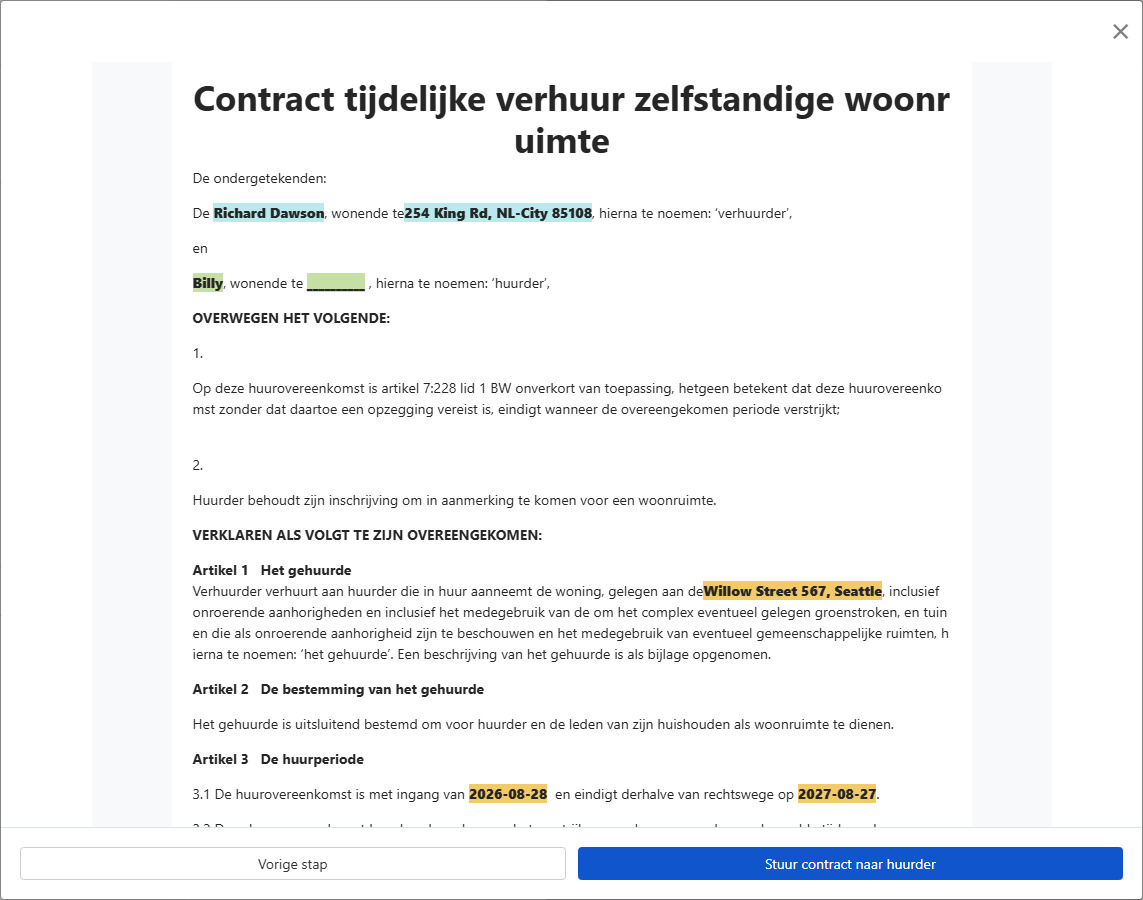 Bekijk contract en verzend naar huurder voor ondertekening