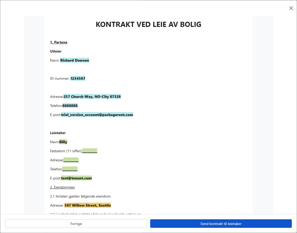 Forhåndsvis kontrakten og send til leietaker for signering