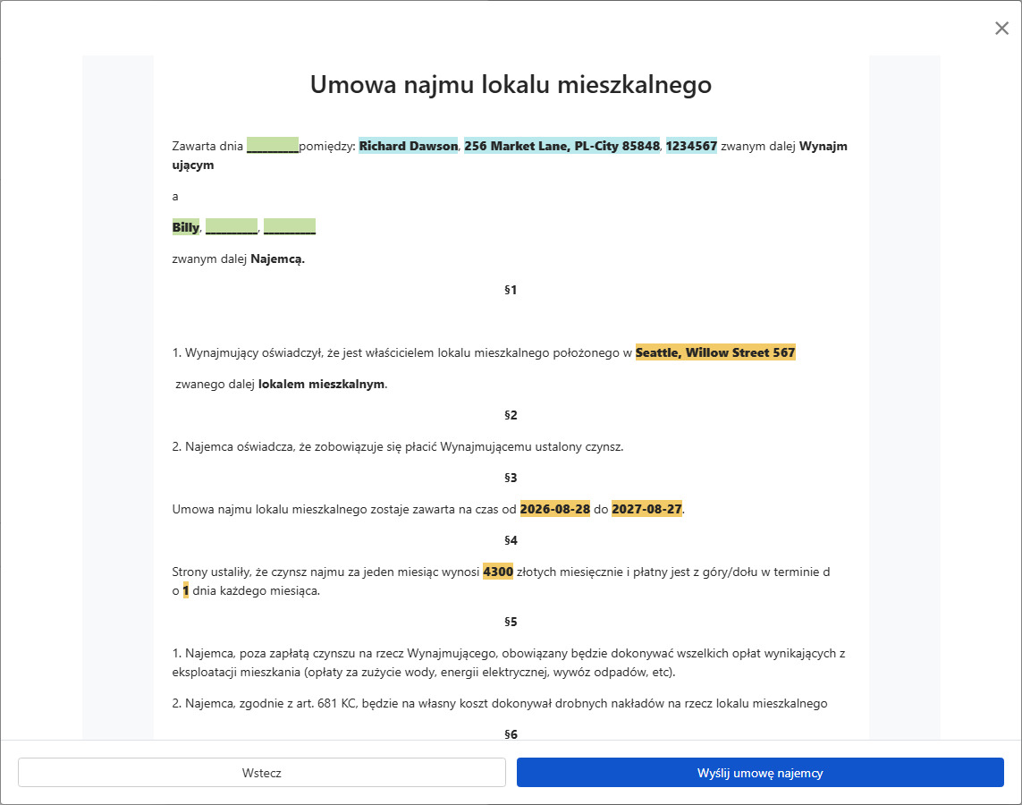 Podgląd umowy i wysyłka do podpisania przez najemcę