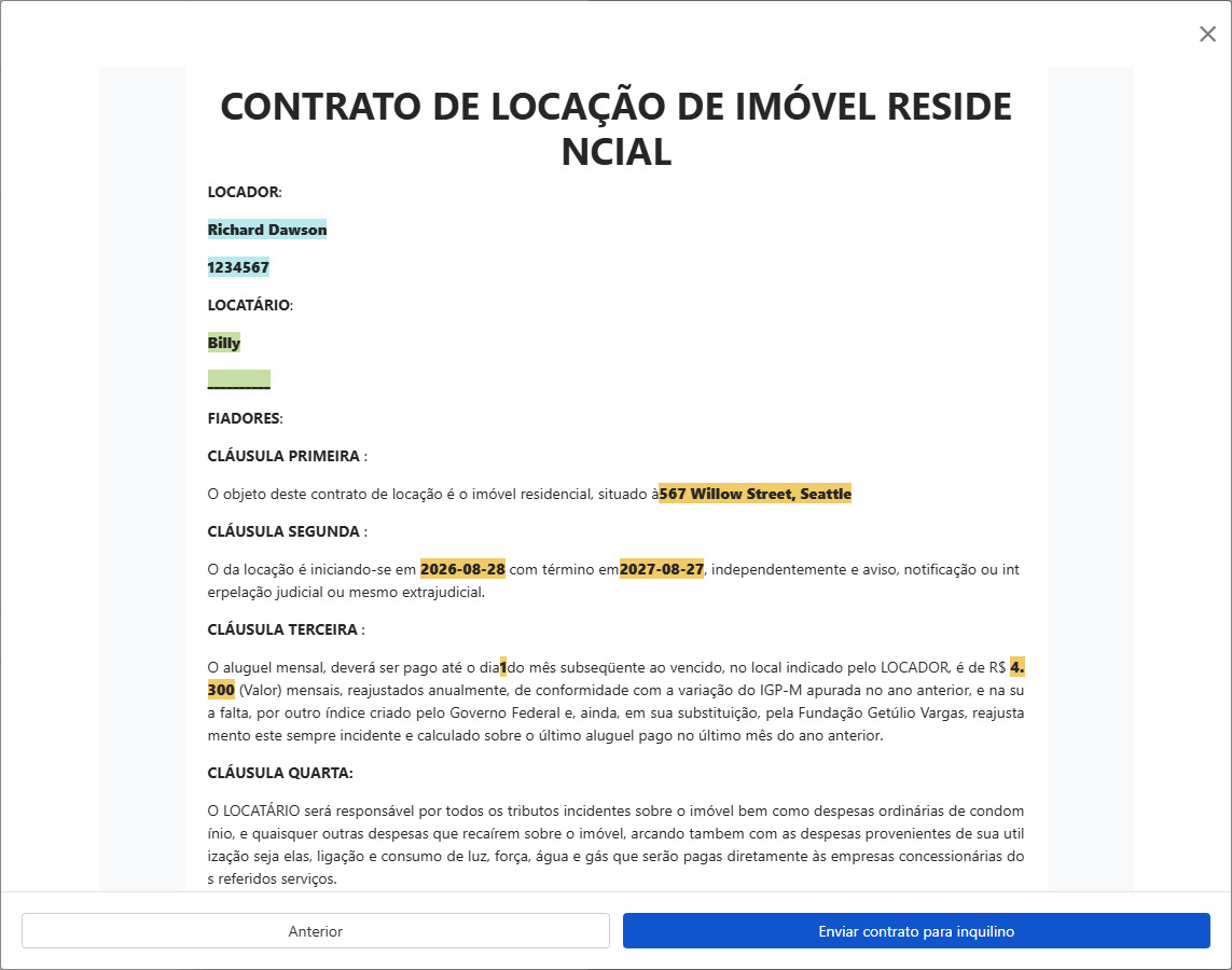 Revisar contrato e enviar ao inquilino para assinatura
