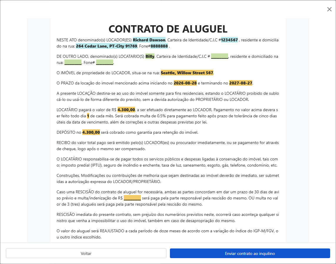 Pré-visualizar e enviar contrato para assinatura do inquilino
