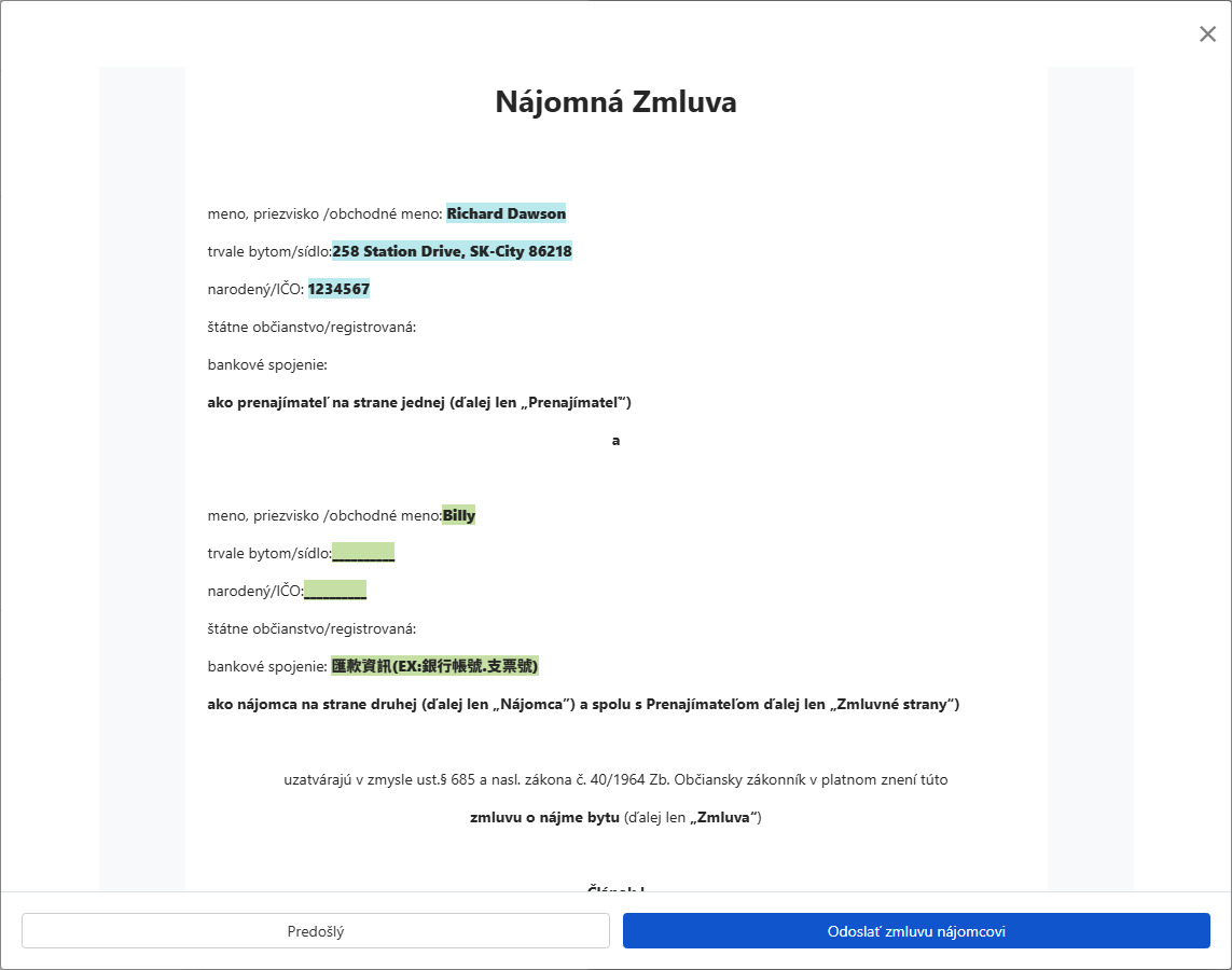 Prehliadnite si zmluvu a odošlite nájomcovi na podpis