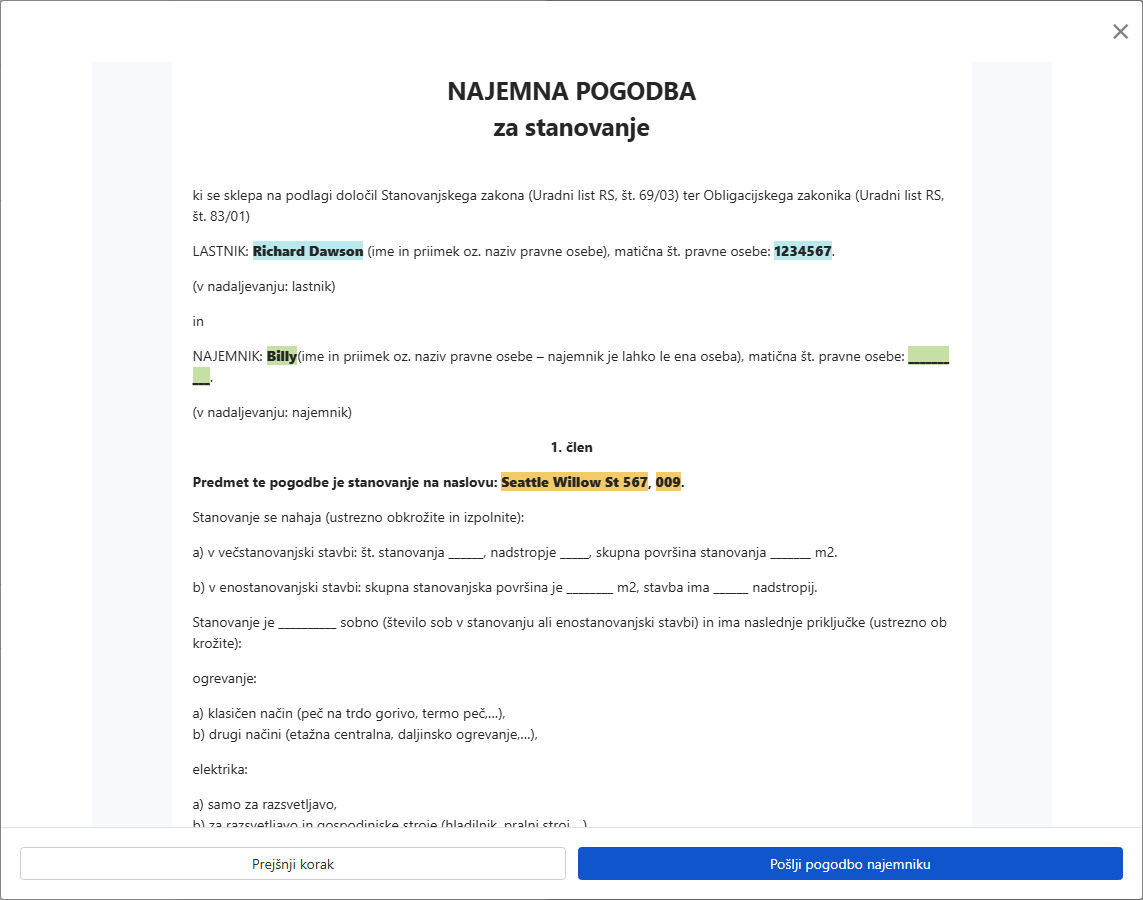 Preglejte pogodbo in jo pošljite najemniku za podpis