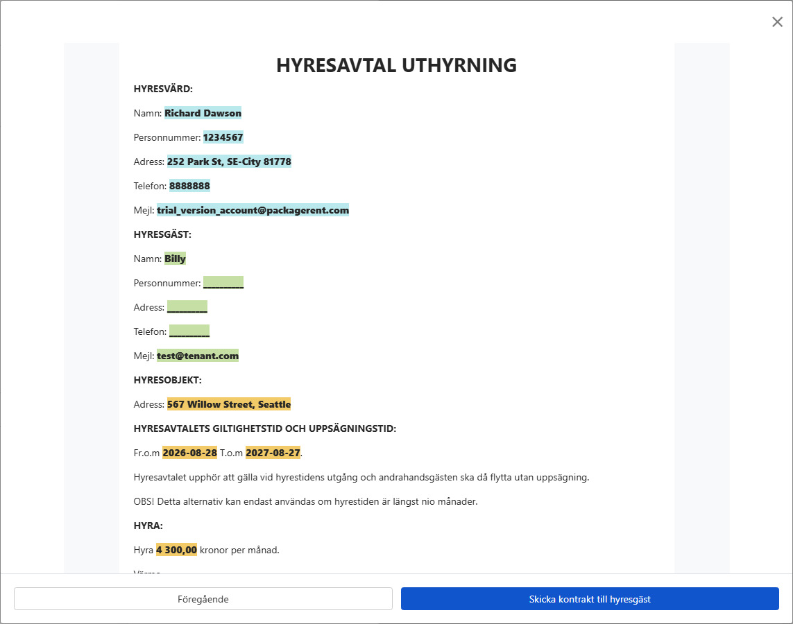 Förhandsgranska avtalet och skicka till hyresgästen för signering