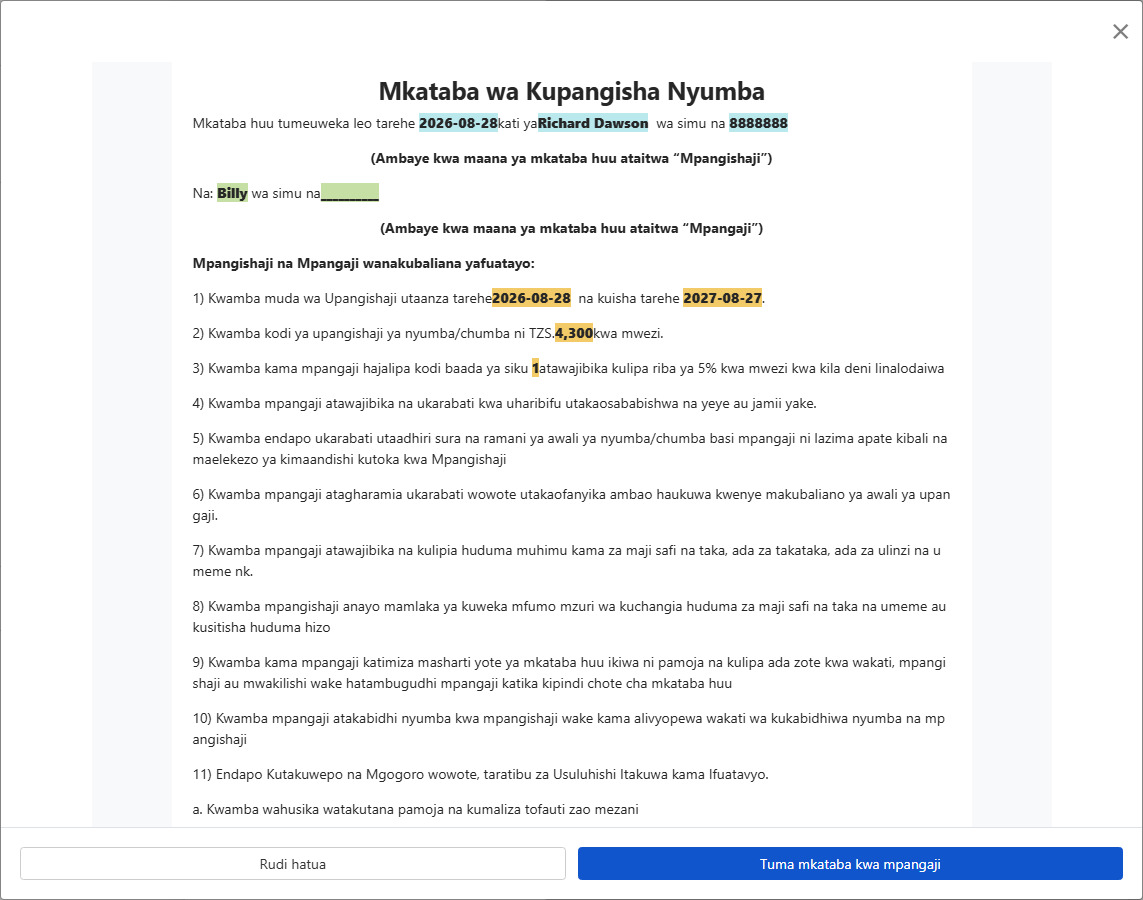 Angalia mkataba na tuma kwa mpangaji kusaini