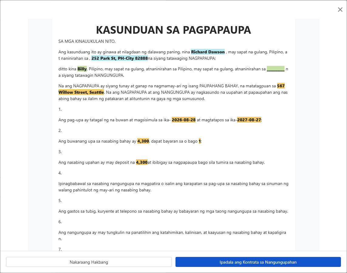 I-preview ang kontrata at ipadala sa tenant para sa pirmahan